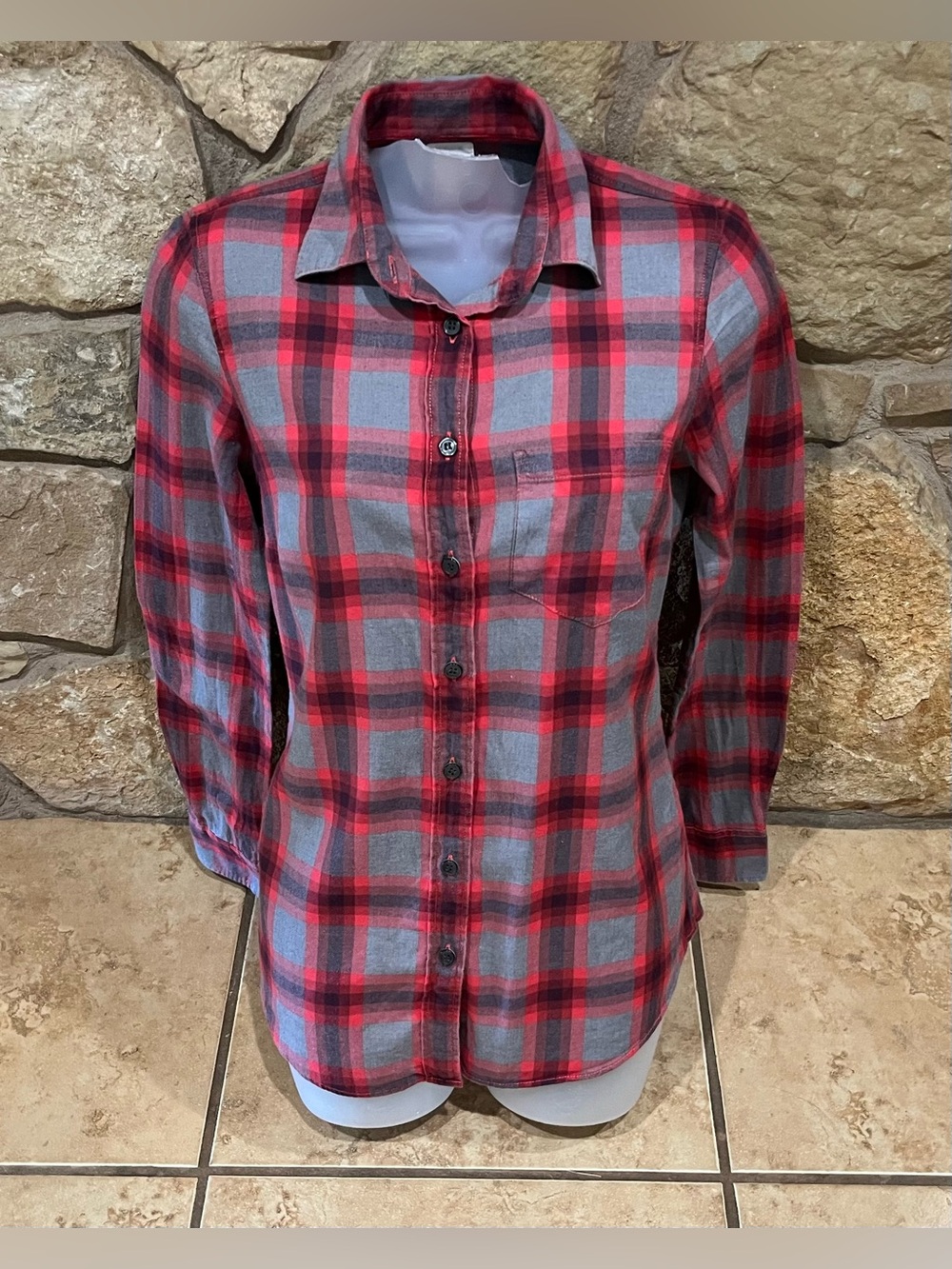 J. Crew Red Gray Black Plaid Button Up Shirt Soft Flannel Women's XXS Cabin Core